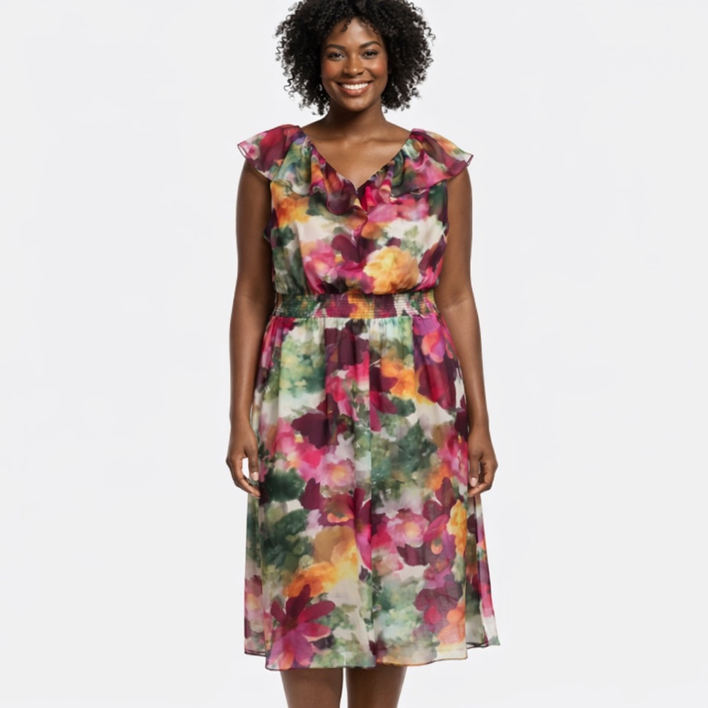 VINCE CAMUTO Floral Watercolor Ruffle Sleeve Midi Dress|  XXL